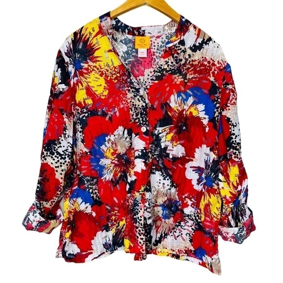 Ruby Rd. Floral Multi Colored Long Sleeve Button Front Semi-Sheer Top Size 18W - Picture 1 of 6